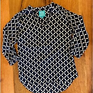 Escapada Navy Blue and White Blouse in a Fun Geometric Print, Size Small